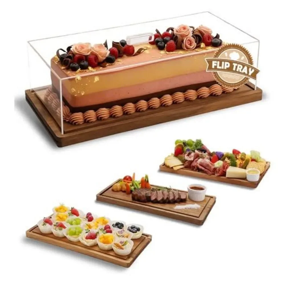 Acacia Wood Cake Stand & Acrylic Lid, 2-in-1 Charcuterie Table Display Set